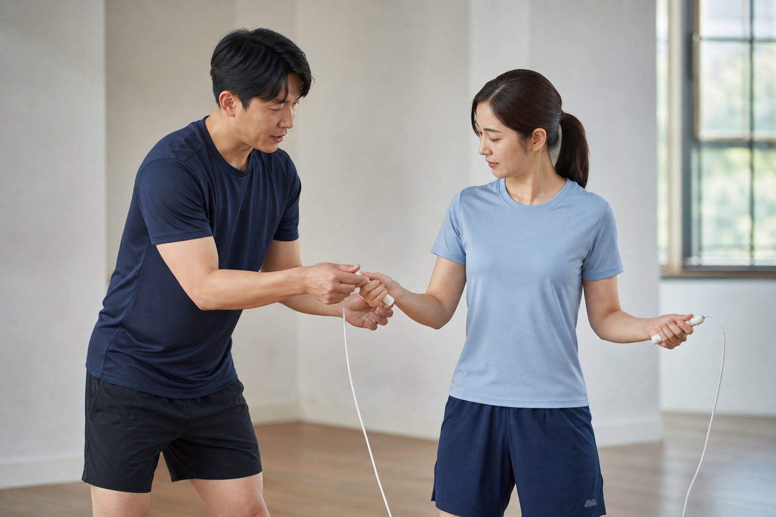 예비 지도자가 다양한 줄넘기 기술을 연습하며 자세를 교정받는 연출 장면